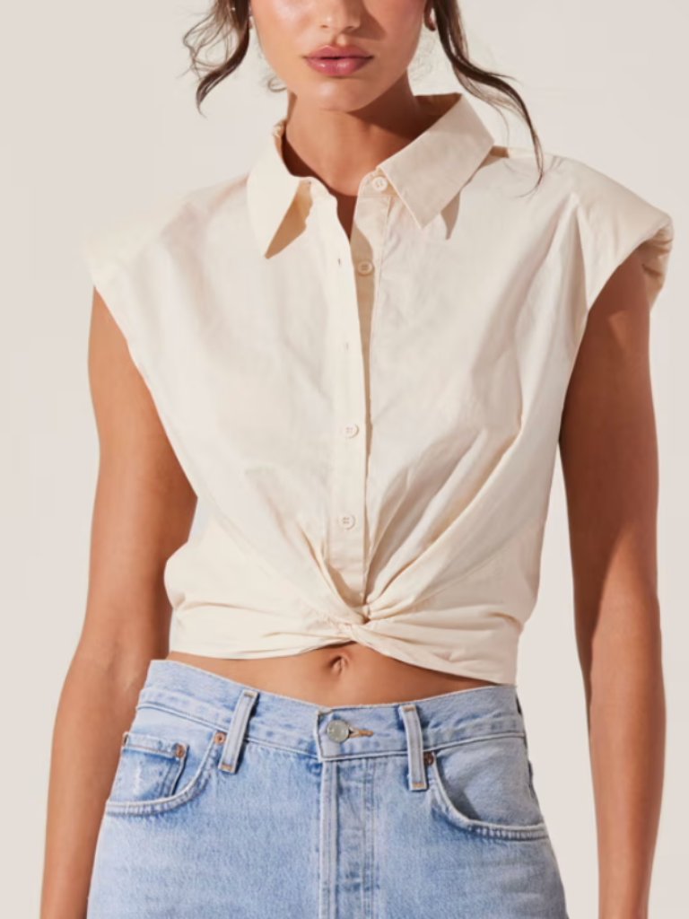 Astr The Label Ivory Cotton Twist Front Button Up Crop Top Size L